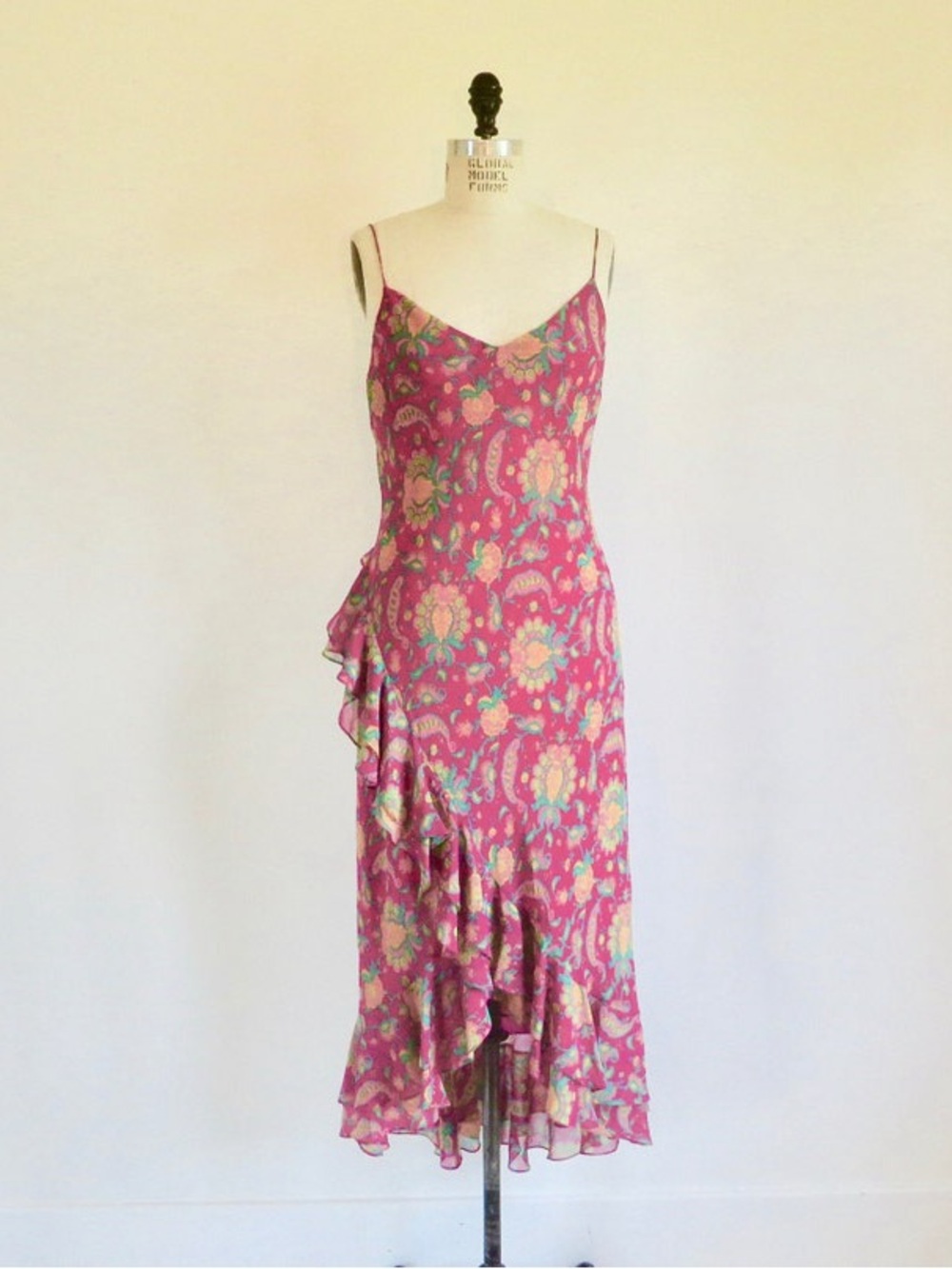 Vintage Ralph Lauren 100% Silk Chiffon Paisley Ruffle Bias Cut Midi Dress Sz 6